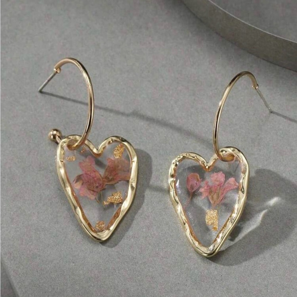 Gold Heart-Shaped Earrings with Pink Floral Accents - Picture 2 of 4